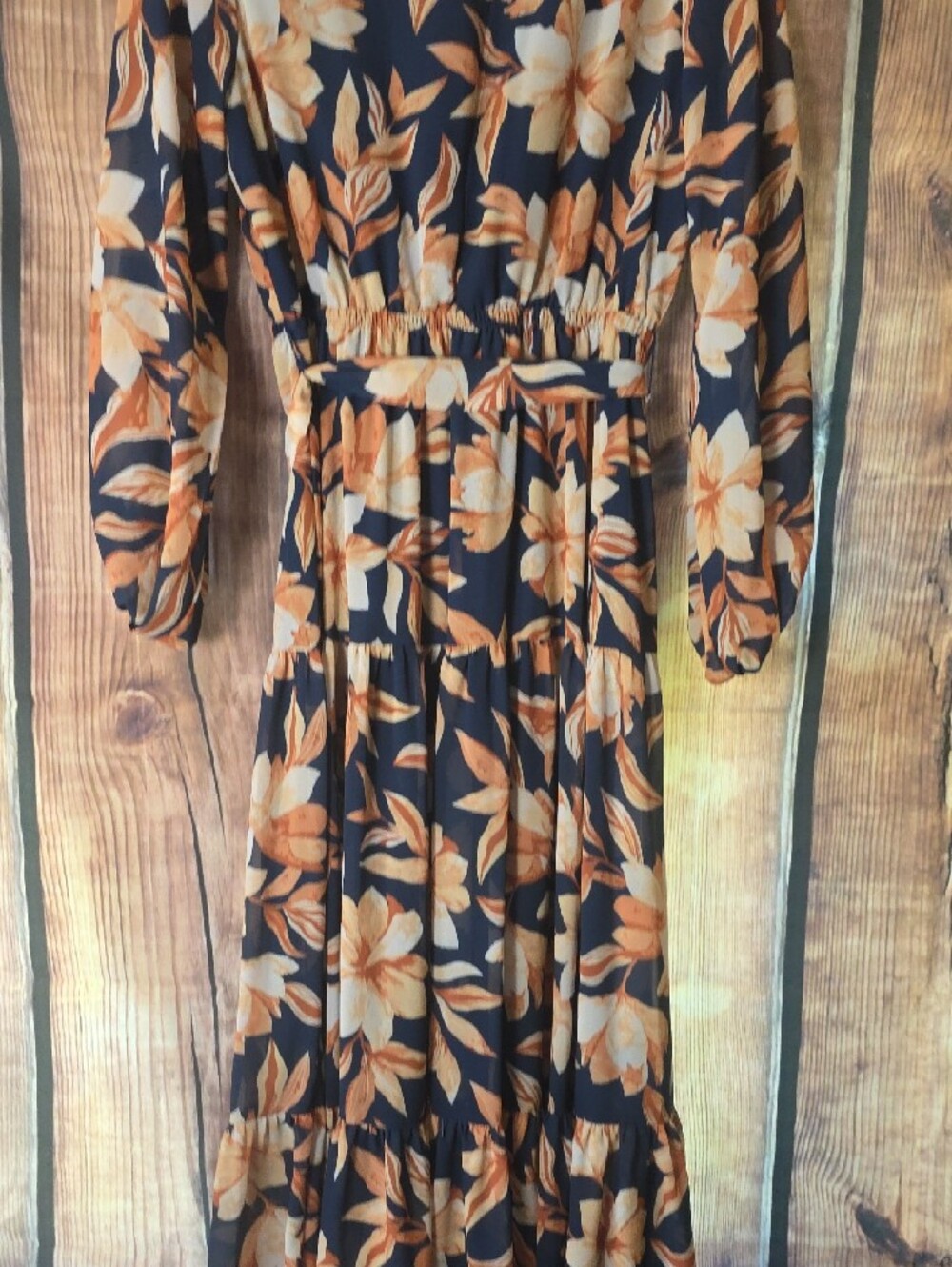Flying Tomato Large Navy  Dress with Cream & Tan Floral Print - Picture 11 of 14